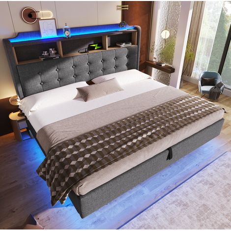 Cama con canapé 180 x 200 cm con LED, almacenaje hidráulico, puertos USB y Type-C, gris OKMYHOME (1/5)