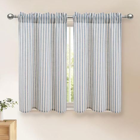 Rideaux courts à rayures, couleur bleu, rideaux pour douche, cuisine, porte, 120x60 cm (hauteur x largeur), lot de 2 pièces, effet lin, semi-transparents, modernes, pour rideaux de bistrot (1/5)