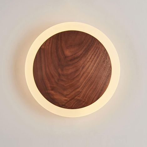 Nordische Walnuss-Wandlampe, runde Massivholz-Wandlampe, Kopfteil-Wandlampe mit Acryl-Lampenschirm, fest verdrahtet, ohne Stecker, Wandbeleuchtung für Flur, Schlafzimmer (1/5)