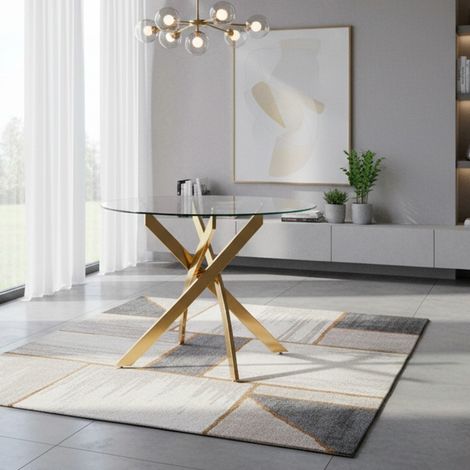 Tavolo da pranzo tondo fisso Peyton con piano in vetro temperato e gambe oro 100x100 cm. (1/4)