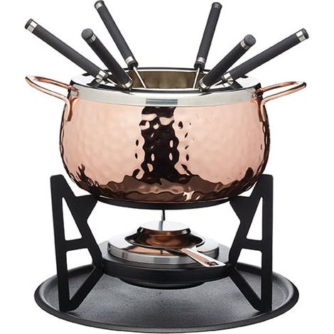 Artesà Set de Fondue con 6 Tenedores y Cuenco de Acero Inoxidable, Cuenco de Cerámica, Soporte de Metal y Quemador de Doble Combustible para Chocolate, Queso o Carne