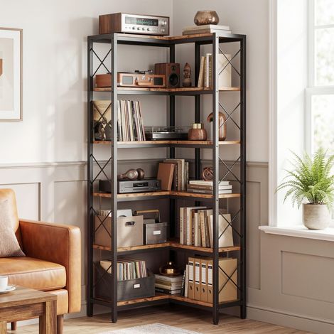 6-Tier L-Shaped Corner Bookshelf, Tall Corner Storage Bookcase with Adjustable Feet, Freestanding Display Shelving Unit for Living Room Bedroom Home Office