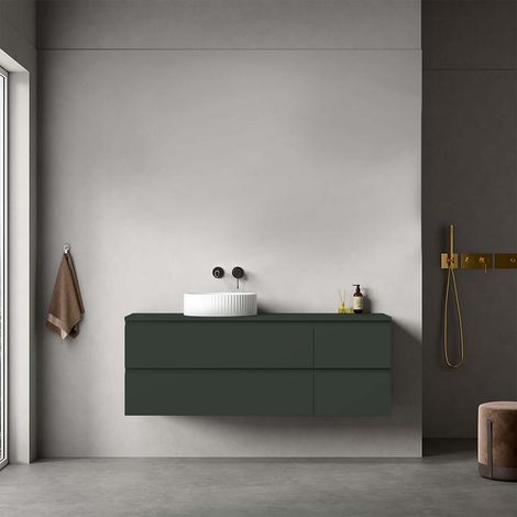 Mobile bagno sospeso reversibile 140 cm Verde Comodoro per Lavabo d'appoggio Senza Specchio - Fiji Paint Top