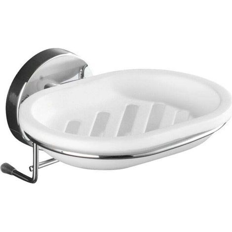 Porte savon mural sans percer Milazzo, Porte savon mural Vacuum-Loc® fixation sans perçage, repositionnable sans laisser de trace, Acier - plastique, 13x6x12 cm, Brillant - blanc (1/4)