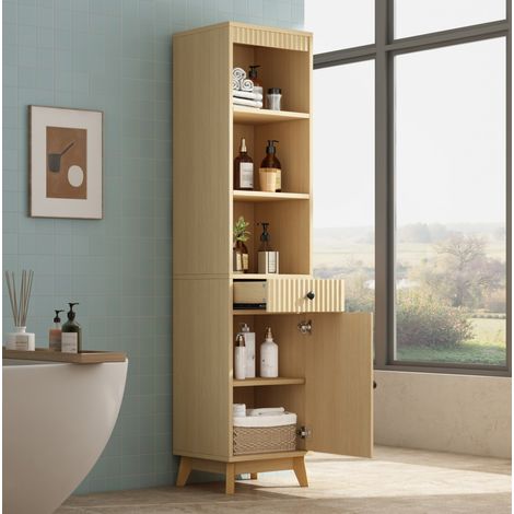 Meuble de salle de bains colonne 40 x 36 x 172 cm en MDF bois clair, porte réversible, tiroir et niches ouvertes, fermeture douce, rangement vertical - CHICFURN (1/5)