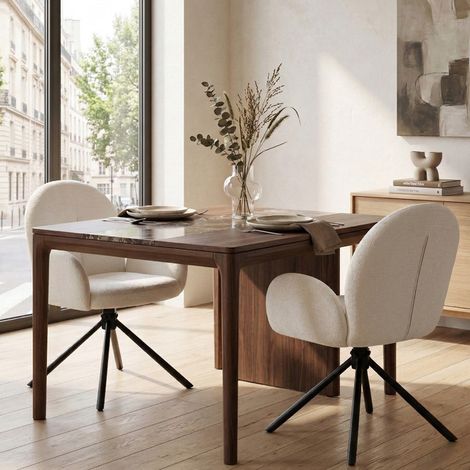 Lot de 2 chaises de salle à manger pivotantes – Accoudoirs intégrés – Tissu effet velours – Pieds métalliques noirs – Design contemporain – 53,5×36×86,5 cm – Beige (1/5)