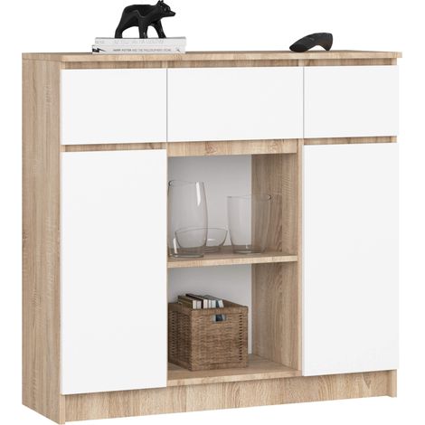 Akord – Commode 101 cm chêne sonoma – 2 portes, 3 tiroirs, 6 étagères – Façade blanche, hauteur 98 cm, profondeur 35 cm (1/5)