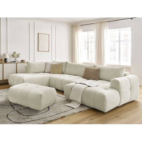 BOBOCHIC - Canapé panoramique convertible FUJI tissu lisse avec pouf Angle droit Beige (1/5)