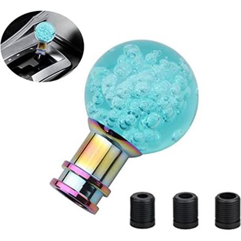 Pommeau de levier de vitesse en verre à bulles bleues - Boule ronde à effet bulles hypnotisant, arc-en-ciel - Base en métal décoratif - Compatible avec les véhicules manuels et automatiques - Élégant (1/5)