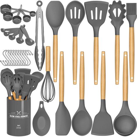Set d'ustensiles de cuisine 24 pièces en silicone avec support, résistant à la chaleur, antiadhésif, gris