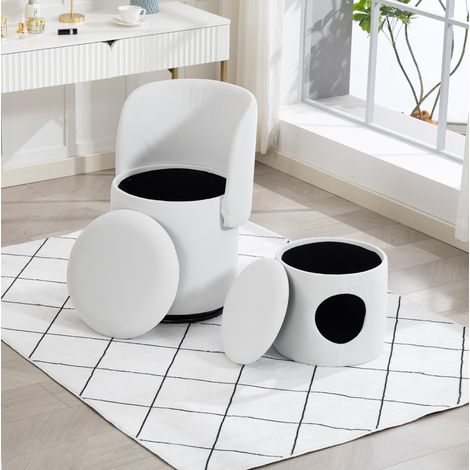 Silla barril giratoria blanca de terciopelo con almacenamiento integrado y taburete auxiliar (1/5)