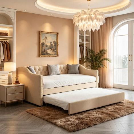 Sofá cama de 90 x 200 cm - Cama doble - Sofá cama de tela - Base de láminas - Beige