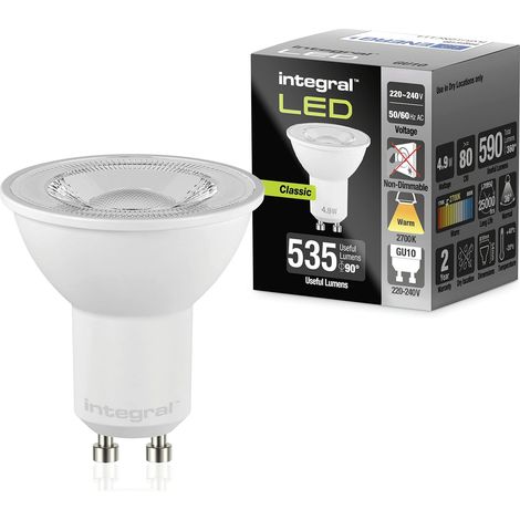 Integral Ampoule LED GU10 10 PACK Chaud 2700K, 590LM, 4,9W (équivalent à 75W) non dimmable - Efficace en énergie et idéale pour les spots et projecteurs dans les salles de bains, cuisines, salons (1/5)