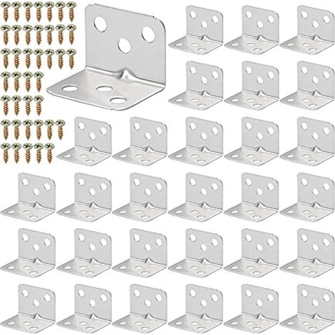 Lot de 30 Supports d'Angle en Acier Inoxydable en Forme de L - Support à Angle Droit 90 Degrés pour Fixation de Meubles en Bois - 120 Vis Incluses (Argenté, 36 x 27 mm) (1/5)