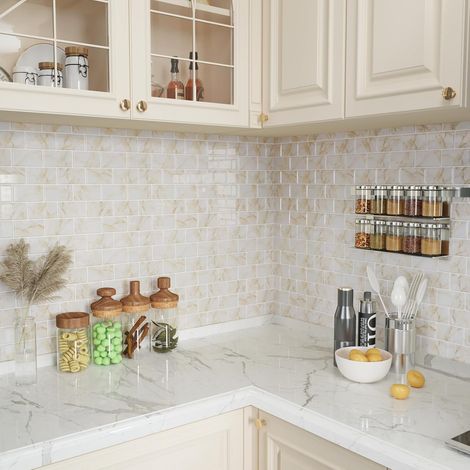 Credence Adhesive pour Cuisine Beige Carrelages Autocollant Carrelage Adhesif Mural Salle de Bain Imperméable Credence Adhesive Décoration Cuisine Stickers Escalier 30.5cm x 30.5cm 4 Pièce (1/5)