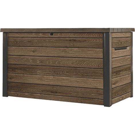 Keter Signature Aufbewahrungsbox 870L Walnuss - Gartenbox mit Holzoptik & Sitzfunktion - Wetterfeste Kissenbox mit Gasdruckfedern (1/5)