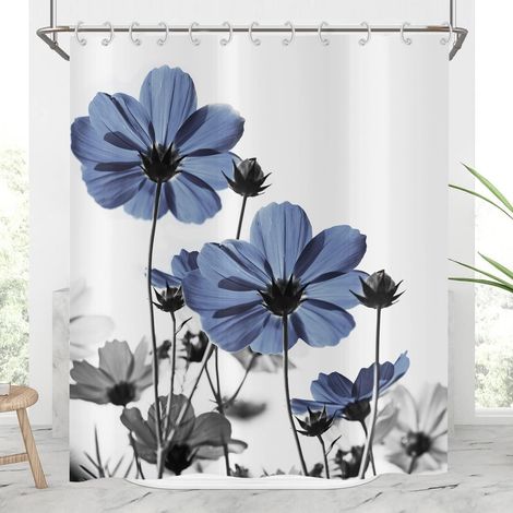 CCYKXA Duschvorhang mit Blumenmuster, 180 x 180 cm, elegantes Gänseblümchen-Wildblumen-Landhausdesign in Blau und Grau, wasserdicht, waschbar, aus Polyestergewebe, inklusive Haken