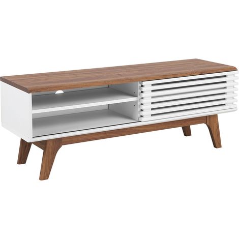 Beliani – Meuble TV rétro en MDF blanc et bois foncé – 1 porte coulissante – 4 étagères réglables – Dimensions 117x44x35 cm