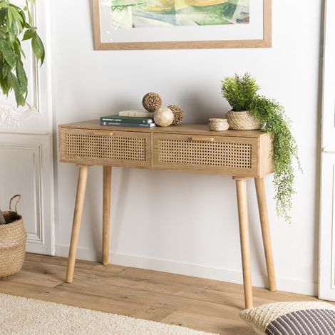 Macabane – Console en bois cannage couleur naturelle 2 tiroirs – Dimensions 110 x 33 x 81,5 cm – Meuble monté pour salon, chambre ou entrée (1/8)