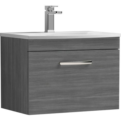 Nuie Athena Wall Hung 1-Drawer Vanity Unit with Basin-4 600mm Wide - Anthracite Woodgrain (1/5)