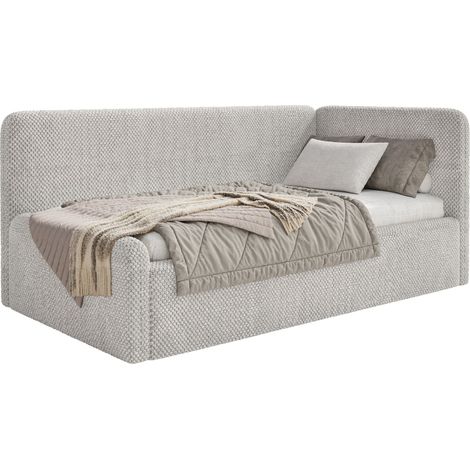 Selsey Fanko – Jugendbett 90x200 cm mit Rausfallschutz, Matratze, Kopfteil rechts, Plüsch, Greige