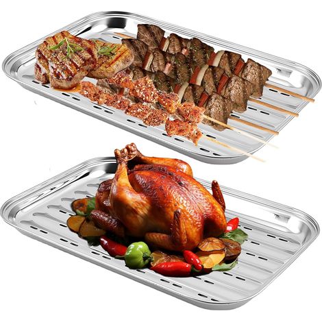 Lot de 2 Paniers à légumes, Acier inoxydable, Trous anti-chute, Pour barbecue à gaz, Viande poisson (1/5)