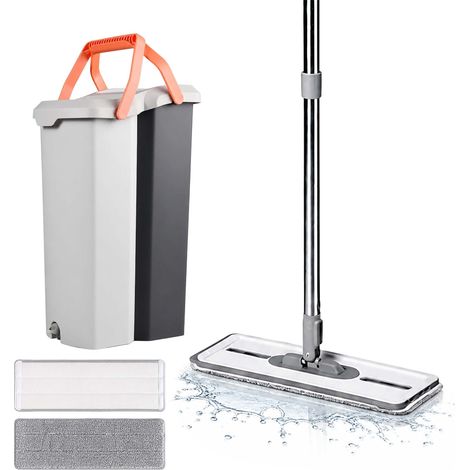 Relaxdays Flachmopp Set, 6,5L Eimer mit Wringfunktion, 2 Kammern, stapelbar, HBT: 45,5x22x29cm, 2x Mikrofaser-Pads, grau (1/5)