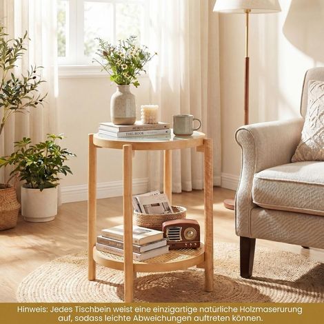 Style bohème, table d'appoint ronde 2 niveaux avec verre trempé et étagère en rotin PE pour salon (1/5)