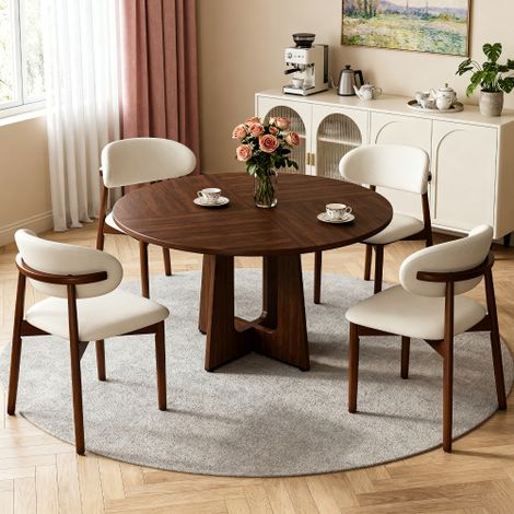 Table ronde salle à manger ensemble,de 1 table à manger et 4 chaises de salle à manger,chaises de salle à manger en bois de chêne massif plaqué couleur noyer,pour le salon et la salle à manger,Noyer