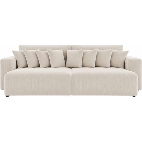 SUZIE - Canapé droit convertible petit velours côtelé 4 places Beige (1/5)