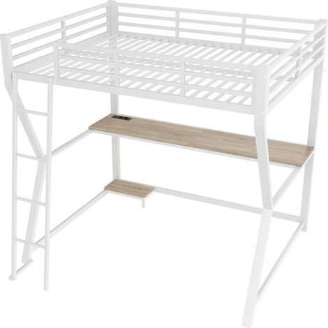 Cama alta 140x200 cm blanca de metal y MDF con escritorio, LED, puerto USB y escalera (1/5)