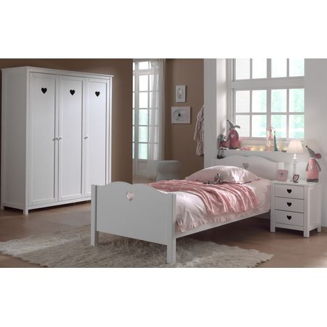 Ensemble lit 90x200 cm avec chevet et armoire 3 portes blanc - AMORENA (1/3)
