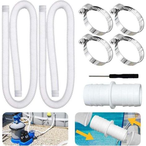 Lot de 2 tuyaux de piscine 32 mm pour pompes de piscine, 32 mm, avec 4 clips de sécurité et 1 raccord de tuyau, tuyau de piscine de 150 cm et 32 mm, pour pompe de filtration et piscine (blanc) (1/4)