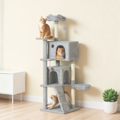 Tiragraffi per gatti da 160 cm, a più livelli, con pali in sisal, grotte, piattaforme imbottite, amaca, scaletta e palline da gioco.