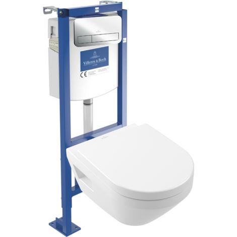 Pack WC suspendu sans bride Villeroy & Boch Architectura Twistflush [e³] rond + bâti-support ViConnect + plaque chrome brillant