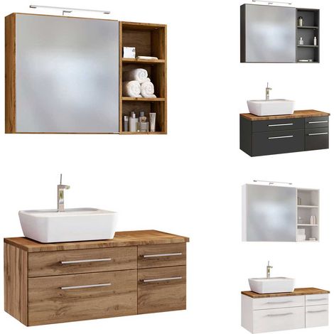 Badmöbel Set inkl. LED-Spiegelschrank 90cm & Aufsatzwaschbecken Keramik Links TAREE-03 in matt grau (1/5)