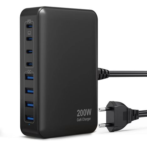 Chargeur multiport 200 W – Compatible avec téléphones, tablettes et ordinateurs portables – Noir (1/5)