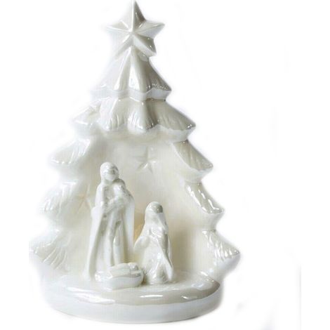 Natività sacra famiglia per sotto albero di natale bianco con luce statuine presepe decorazioni addobbi idea regalo cm 14 (1/5)