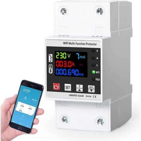 Compteur Electrique Connecté WiFi Compteur d'électricité Intelligent Rail DIN Disjoncteur à Réenclenchement Intelligent Protecteur de Surtension et de sous-Tension avec Télécommande 63A 230V (1/5)