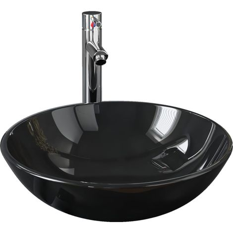 Lavabo de bain avec robinet et drain à poussoir vasque à poser de toilette lave-mains de salle de bain lavabo de salle d'eau diamètre 42 cm verre trempé