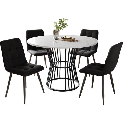 ELVMI Tisch und Stuhl Set mit 1 rundem Tisch und 4 Stühlen, Tischplatte in Marmoroptik, MDF und Samt, Mehrfarbig (1/5)