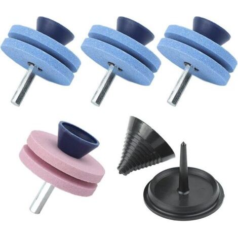 4 pièces Pierre à aiguiser Double Couche Tondeuse à Gazon Affûteuse de Lame pour perceuse avec équilibreur de Lame pour perceuse à Main Power Drill