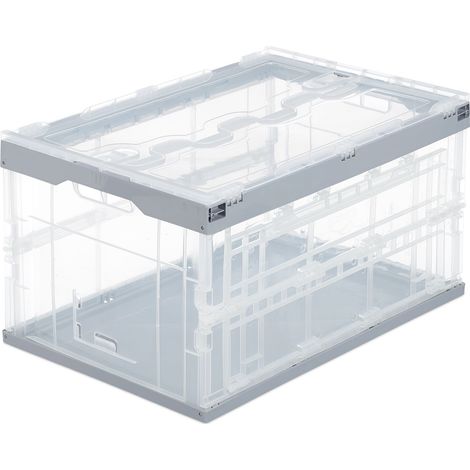 Relaxdays Caja de Almacenaje con Tapa Plegable, Plástico, Transparente-Gris, 31.5 x 59.5 x 39.5 cm