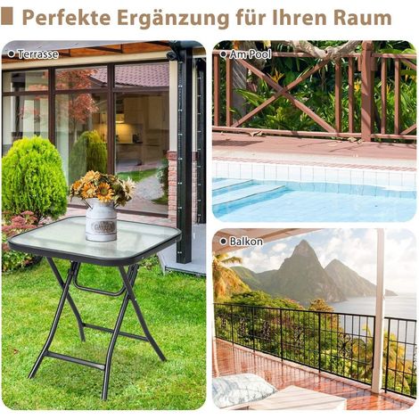Klappbarer terrassen beistelltisch quadratischer glastisch mit rostfreiem rahmen schwarz