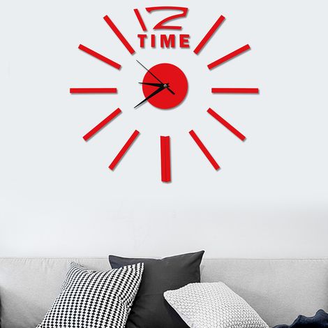 Horloge murale autocollante 3D, grande montre décorative à faire soi-même, décoration murale moderne pour la maison, le bureau ou la chambre (rouge) (1/5)