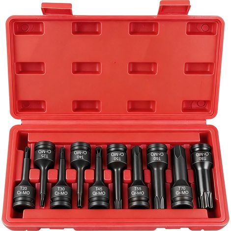 10 PCS Douille Torx Male 1/2'' T20 T25 T30 T40 T45 T50 T55 T60 T70 T80, Douille a Choc 1/2, Coffret Douilles Embout Torx avec Boîte, pour Voiture, Réparation du Moteur avec Boîte Rouge (1/5)