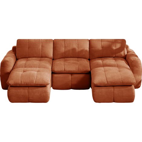 Sofá modular en U sin brazos de chenilla naranja con 2 pufs, 264 x 160 x 68 cm (1/5)