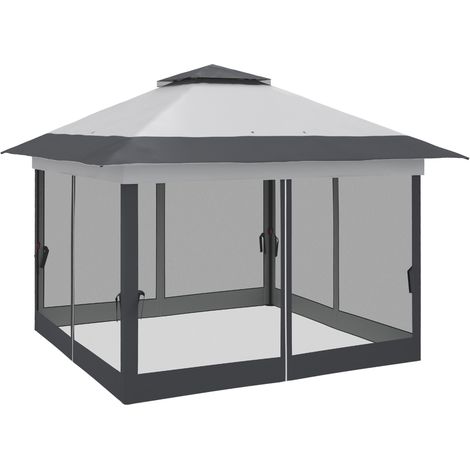 Tonnelle de jardin pop-up pliante acier polyester moustiquaires gris + sac de transport à roulettes