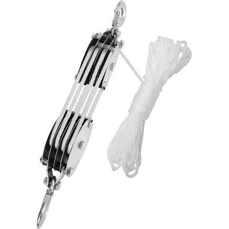 Système de poulies avec palan, poulie à roue en acier avec roulement pour camping, chasse, navigation de plaisance et levage, bricolage, 4 roues, 20 m, roue en acier, roulement, corde blanche, forme d (1/5)