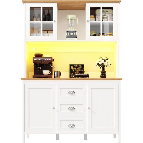 ELVMI Credenza Alta da Cucina con 4 Ante 3 Cassetti 1 Vano Aperto e LED per Cucina in MDF 120 x 40 x 179 cm Bianco (1/5)